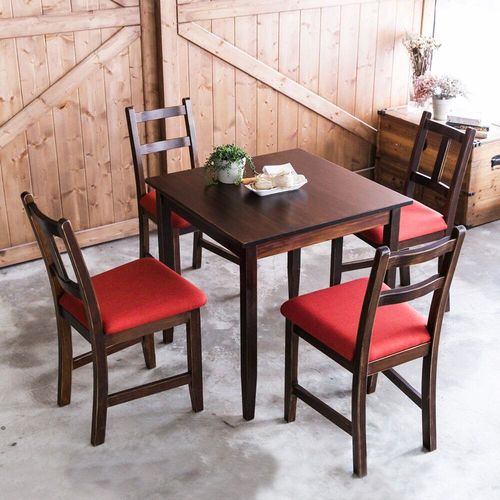CiS自然行實木家具-實木餐桌椅組一桌四椅74x74公分/焦糖色+橘紅色椅墊