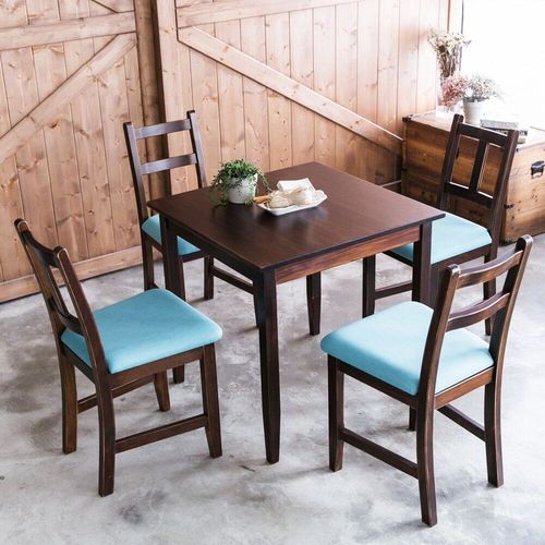 CiS自然行實木家具-實木餐桌椅組一桌四椅74x74公分/焦糖色+湖水藍椅墊