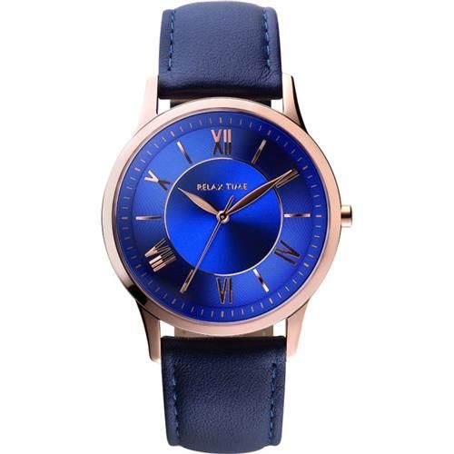 RELAX TIME RT58 經典學院風格腕錶-藍x玫瑰金框/36mm RT-58-12L