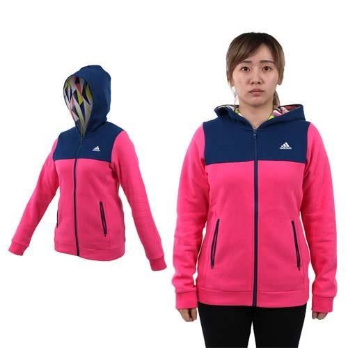 【ADIDAS】女連帽外套-保暖 刷毛 慢跑 路跑 訓練 深藍桃紅