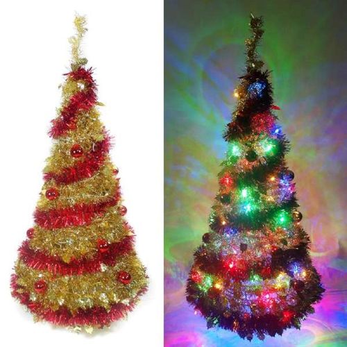 4尺/4呎(120cm) 創意彈簧摺疊金色聖誕樹 (紅金裝飾色系) +100燈LED燈插電式一串(彩光)