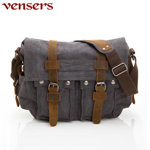 vensers韓潮頂級棉麻包系列斜肩背包黑灰C000601