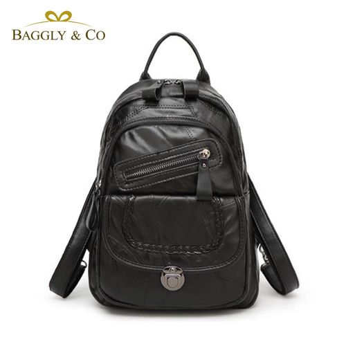 【BAGGLY&CO】率性時尚羊皮拼接二用後背包(黑色) 