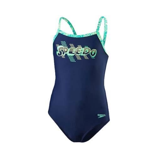 【SPEEDO】SPACE THINSTRAP MB 女孩運動連身泳裝-游泳 泳衣 競賽 深藍螢光綠