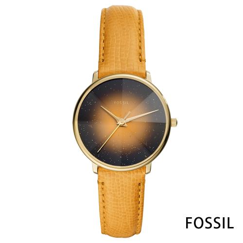 FOSSIL 星彩稜鏡光壓紋皮革石英腕錶(ES4728)-黃/33mm