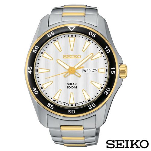 SEIKO精工  領袖風雙色調太陽能石英腕錶 SNE394P1