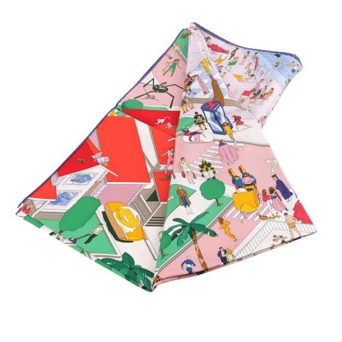 HERMES 海灘圖案絲質方巾(90 x 90)(玫瑰粉/綠色/紅色) H003751S 01