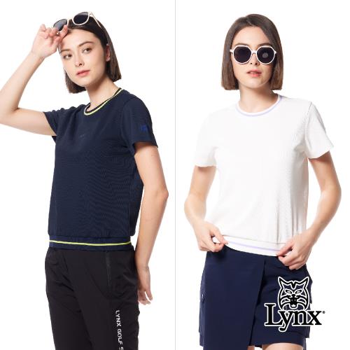 【Lynx Golf】首爾高桿風格！女款日本進口素材彈性舒適華夫格紋跳色羅紋配布造型山貓膠標短袖圓領POLO衫/高爾夫球衫-白色