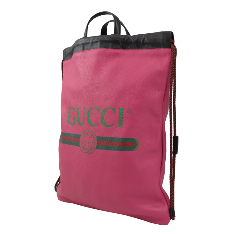 GUCCI 516639復古印刷圖騰LOGO牛皮抽繩後背包.桃大|斜背包/後