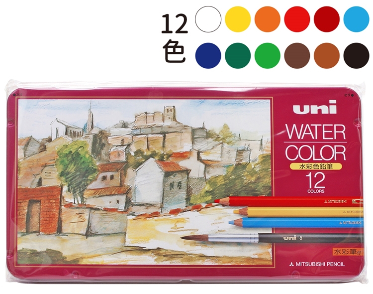 日本UNI三菱WATER COLOR美術水彩色鉛筆UWC12C水性鉛筆(12色水溶性含2種調性,附水彩 筆x1)兒童彩繪畫筆|原子筆/奇異筆/鋼筆|Her森森購物網