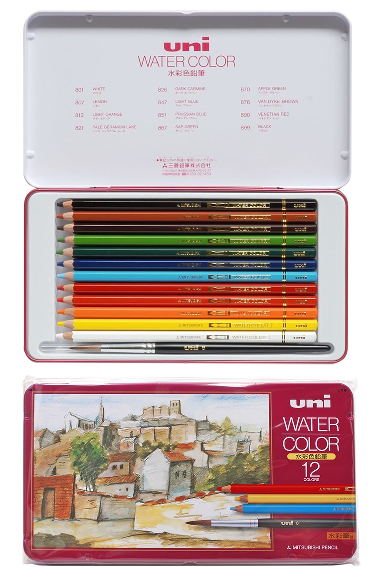日本UNI三菱WATER COLOR美術水彩色鉛筆UWC12C水性鉛筆(12色水溶性含2種調性,附水彩筆x1)兒童彩繪畫筆