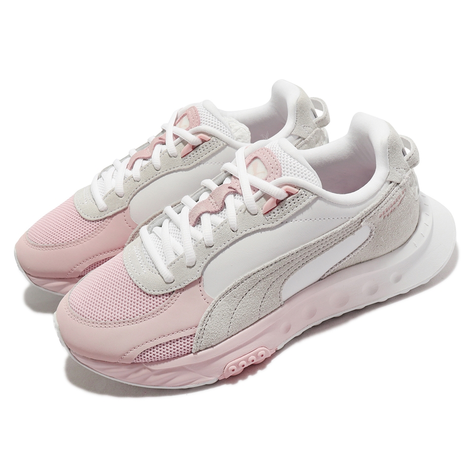 Puma 休閒鞋Wild Rider Soft Wns 女鞋白灰嫩粉色厚底增高皮革麂皮異