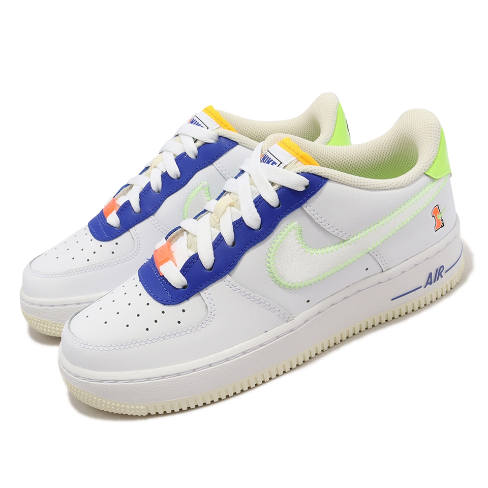 Nike 休閒鞋Air Force 1 LV8 GS 大童鞋女鞋白螢光黃藍AF1 車縫線FB1393