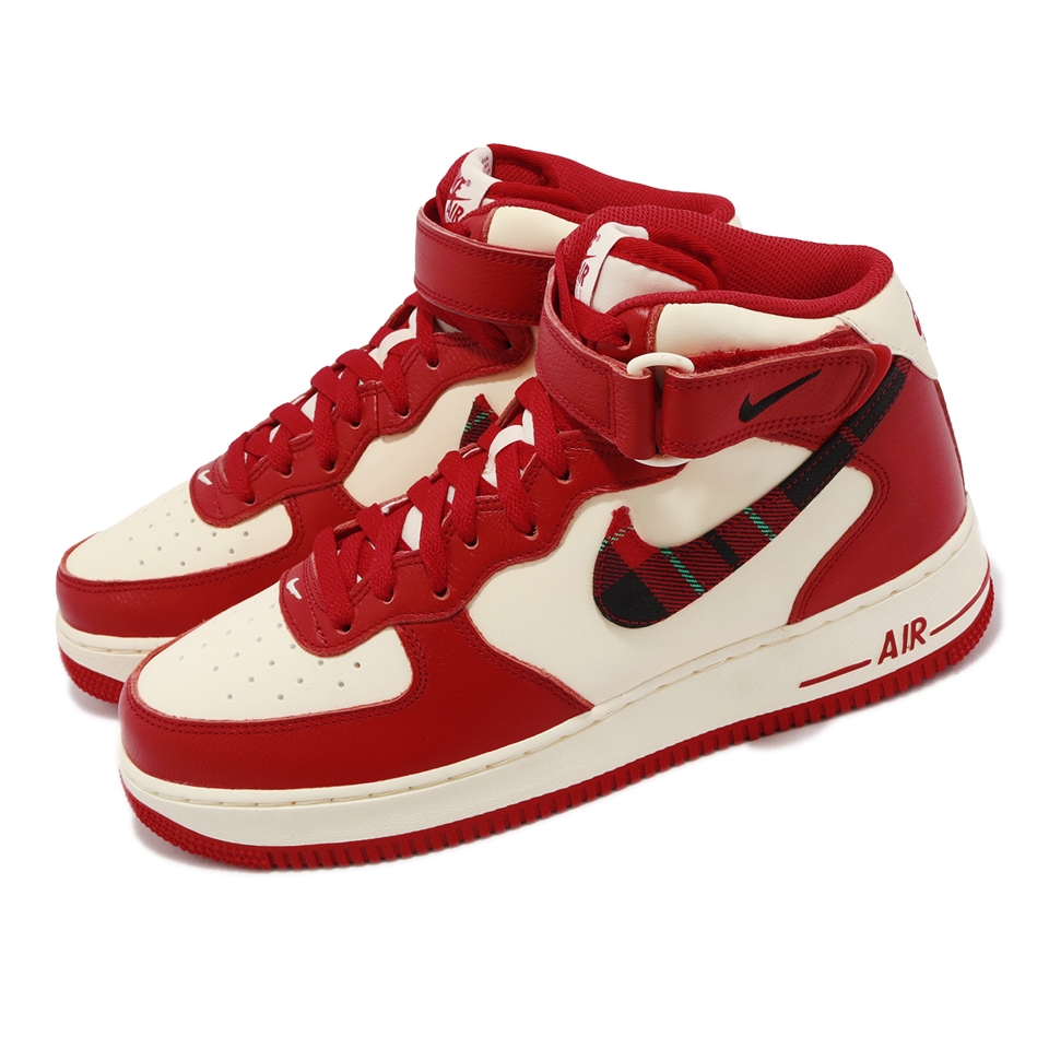 Nike 休閒鞋Air Force 1 Mid 07 LX 男鞋紅奶油白格紋AF1 中筒皮革