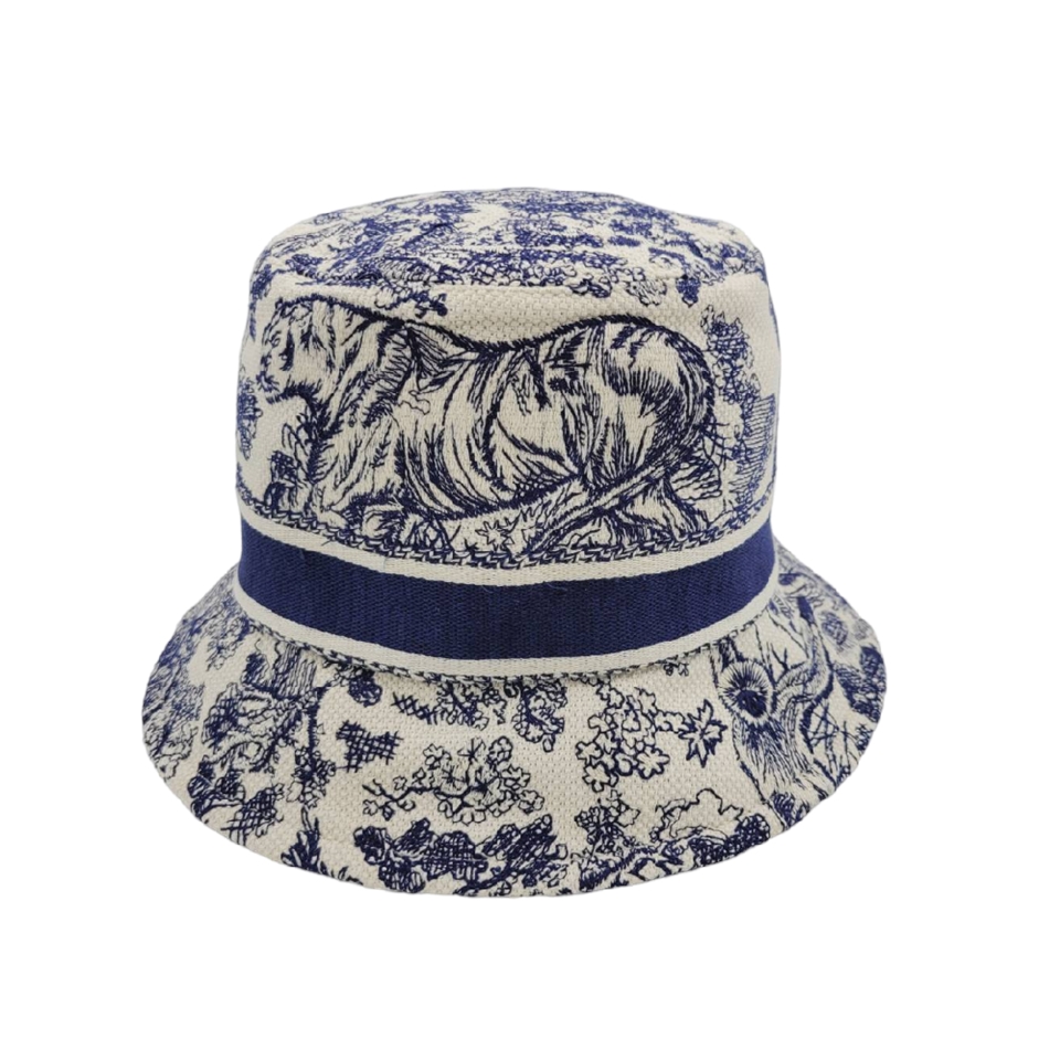 【DIOR】迪奧Oblique Animal 藍白色刺繡款 窄檐漁夫帽/水桶帽 12TJV923X140_C543