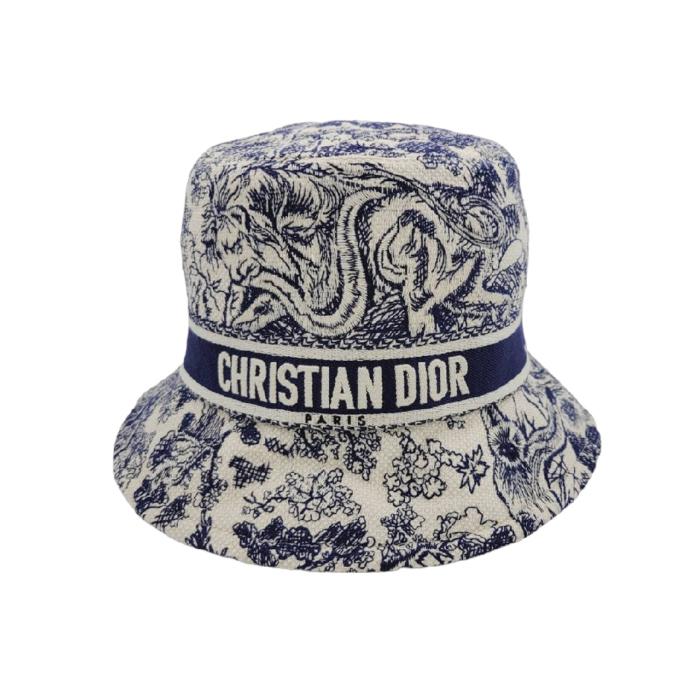 DIOR】迪奧Oblique Animal 藍白色刺繡款窄檐漁夫帽/水桶帽