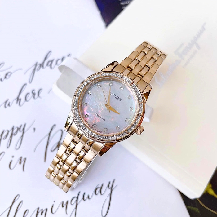 CITIZEN $350 WOMEN ECO-DRIVE CRYSTAL BEZEL ROSE GOLD MOP DIAL