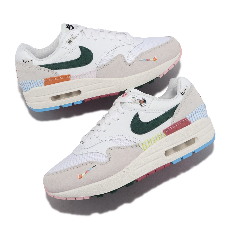 Nike 休閒鞋Wmns Air Max 1 女鞋白綠氣墊復古條紋花拼接FQ0256-131