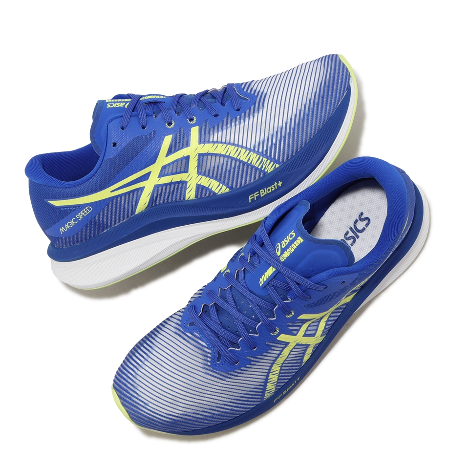 Asics 競速跑鞋Magic Speed 3 2E 寬楦男鞋藍黃回彈運動鞋路跑碳板亞瑟