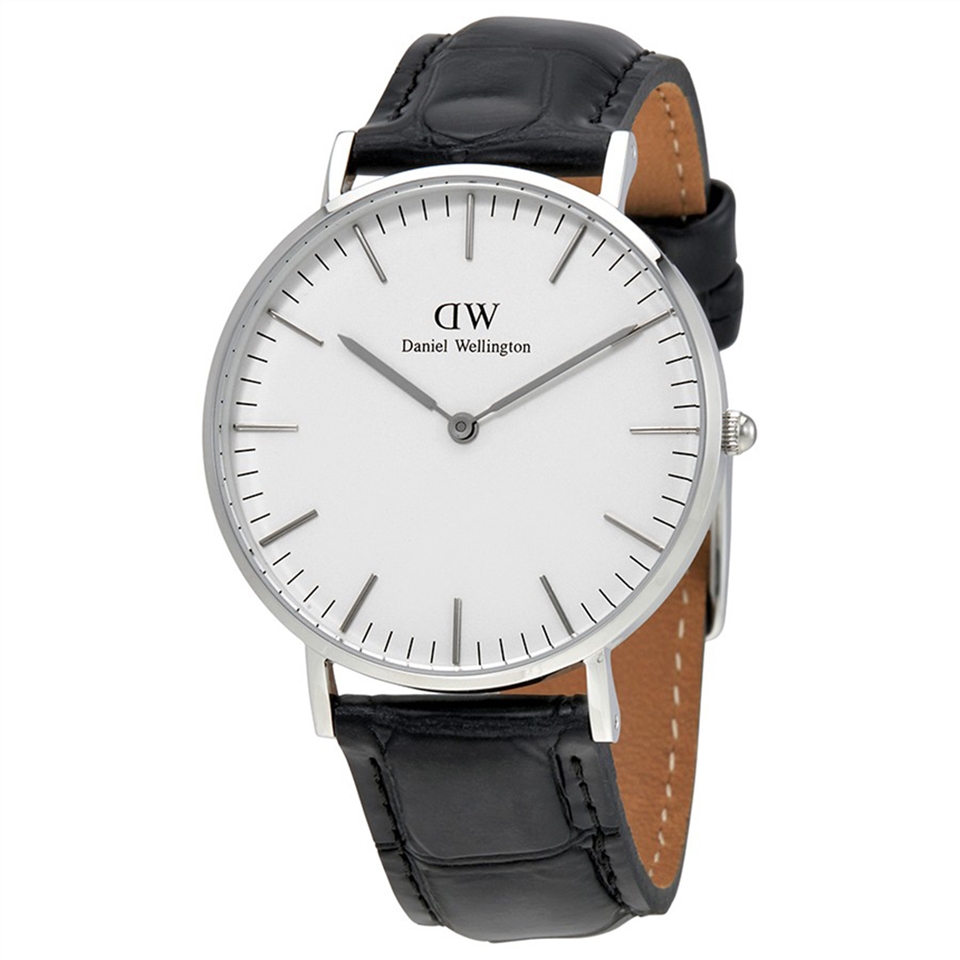 DW Daniel Wellington Classic 36mm 黑鱷魚皮壓紋銀框錶-DW00100058