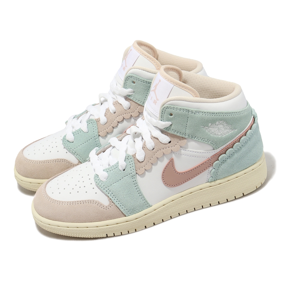 Nike 休閒鞋Air Jordan 1 Mid SE GS 女鞋大童鞋粉綠花邊麂皮AJ1 DZ5361