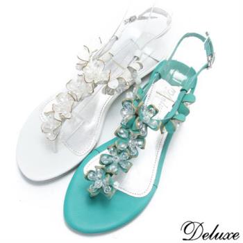 【Deluxe】夏日浪漫水晶花朵夾腳涼鞋(白☆綠)