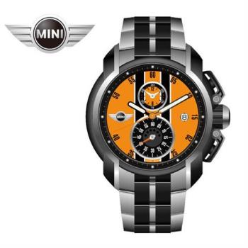 MINI手錶/腕錶 極速晶黃二眼數字時間三點日期窗石英計時銀黑雙色鍊帶手錶 45mm MINI-38