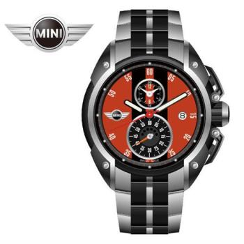 MINI手錶/腕錶 火焰赤黑二眼分數數字三點日期窗石英計時銀黑雙色鍊帶手錶 45mm MINI-15