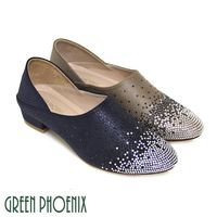 【GREEN PHOENIX】雙彩壓克力水鑽皮革壓紋全真皮低粗跟便鞋-藍色、灰色