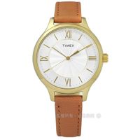 TIMEX 天美時/ TXTW2R27900 / 美國指標女伶甜蜜綻放真皮手錶 銀x金框x卡其 36mm