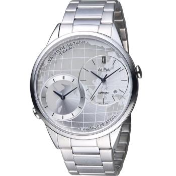 ALBA 雅柏 兩地時間日系潮流大錶徑腕錶 DM03-X002S 銀 AZ9013X1