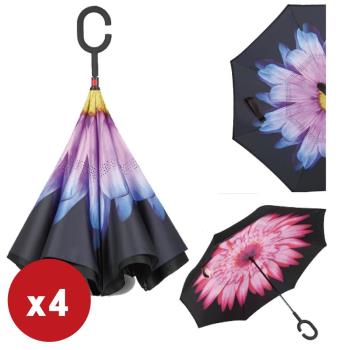 超值4入 花紋抗UV防風免持C型手柄晴雨傘/站立傘/反向傘