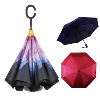 花紋反向傘 抗UV防風免持C型手柄晴雨傘 加三折自動傘