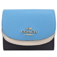 COACH 新款雙翻蓋三折荔枝皮短夾(白藍)
