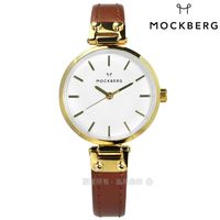 MOCKBERG / MO1403 / NORA PETITE 瑞典設計師品牌礦石玻璃防水真皮手錶 白x金框x咖啡 28mm