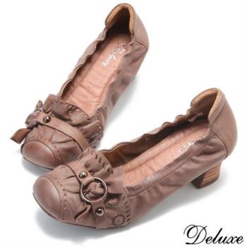 【Deluxe】全真皮森林系俏皮女孩娃娃跟鞋(咖)-8558-1