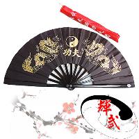 【輝武】武術用品-全竹骨金龍太極圖-黑骨龍功夫扇(2把)