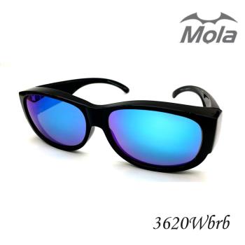 MOLA摩拉近視前掛式偏光太陽眼鏡 套鏡 UV400 冰藍彩色多層膜 男女一般臉型 3620Wbrb