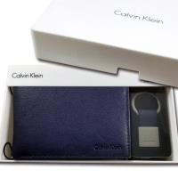 CK 男皮夾【美國進口現貨】Calvin Klein 高級牛皮 多卡夾功能+CK鑰匙圈 男用 新款禮盒組/深藍色