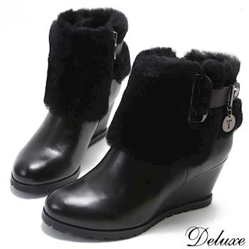 【Deluxe】復古韻味小牛皮塔兔毛楔型短靴(黑)-1210-4-25