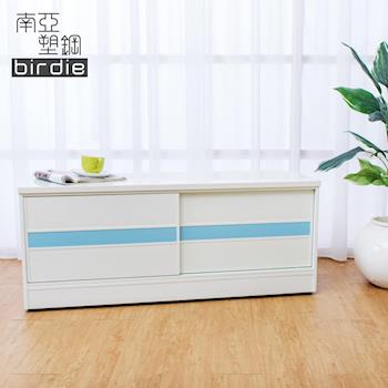 Birdie南亞塑鋼-4尺拉門/推門塑鋼坐式鞋櫃/穿鞋椅(白色+粉藍色)