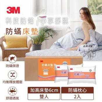 3M 防螨床墊-中密度加高型(雙人)+防蹣枕心2入
