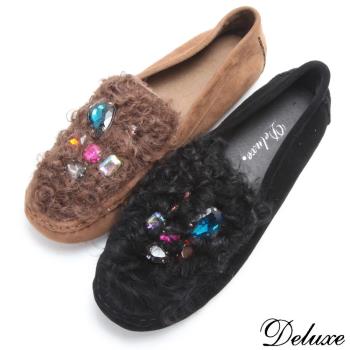 【Deluxe】全真皮暖暖羔羊毛寶石水鑽休閒鞋(黑☆咖)-6628-3