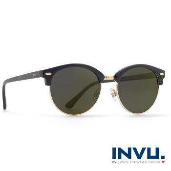INVU瑞士 九層鍍膜經典上眉圓框水銀黃偏光太陽眼鏡 - (黑) T1805A