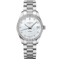 LONGINES浪琴 Conquest 征服者真鑽機械女錶 珍珠貝x銀 34mm L23850876