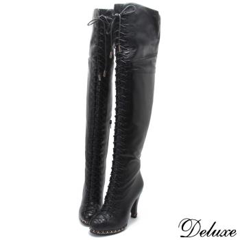 【Deluxe】全真皮超模時尚綁帶蝴蝶結高跟厚底長靴(黑)-1103-20