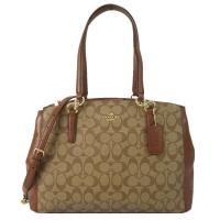 COACH 馬車 LOGO PVC拼接牛皮三層手提/斜背包(大/卡其焦糖)+ 隨機送 MICHAEL KORS 帕巾