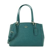 COACH 馬車LOGO珠光防刮皮革三層手提/斜背包(藍綠)