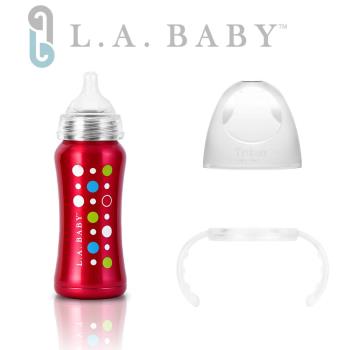 (美國L.A. BABY) 學習杯套組-超輕量醫療級316不鏽鋼保溫奶瓶 9oz(6色)+Tritan學習握把 (玫瑰紅)