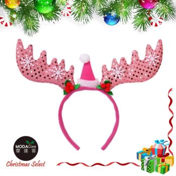 摩達客耶誕派對-粉紅亮片大鹿角髮箍